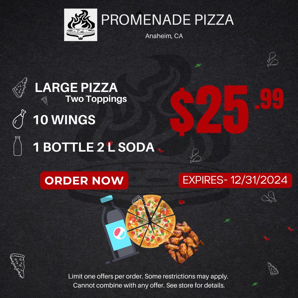 Pizza Offer 25.99 only large pizza 10 wings and 1 bottle 2o Soda